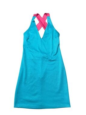 JANICE Vintage Y2K Halter Dress L Turquoise Pink Open Back Zipper Clubwear Mini
